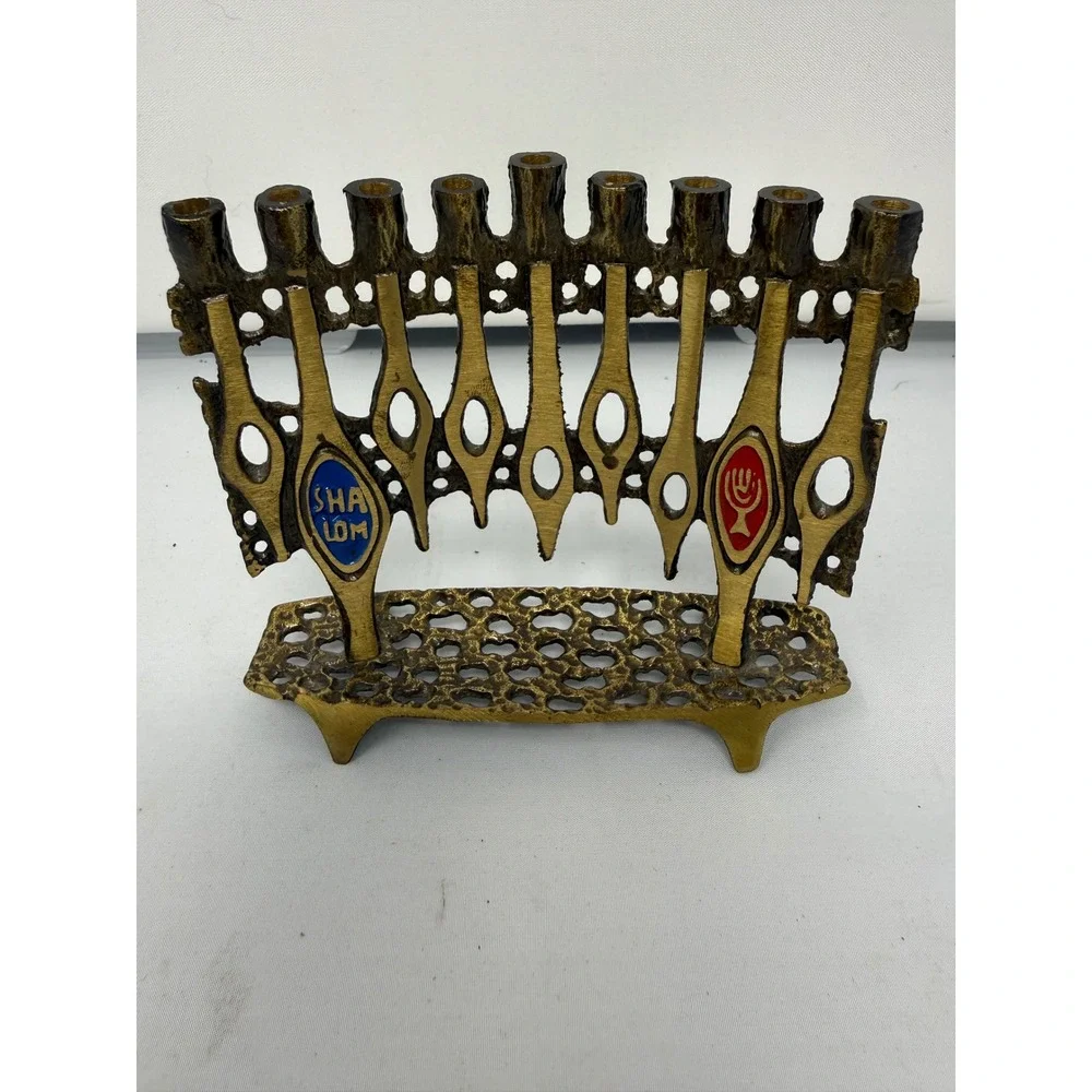 VTG Hen Holon Israel Brass Menorah Brutalist Shalom Enameled Mid Century 6253